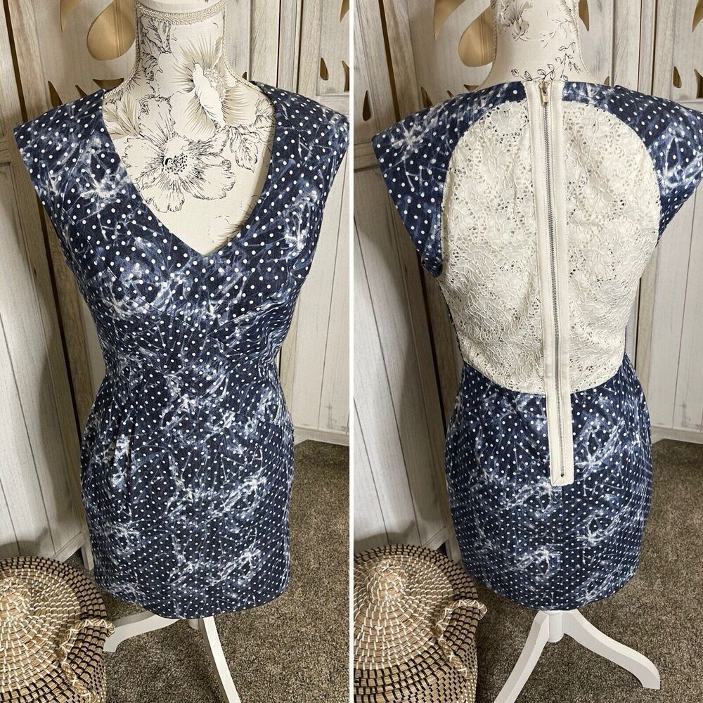 Alberto Makali Denim Polka Dot Lace Back Midi Summer Dress Size 6